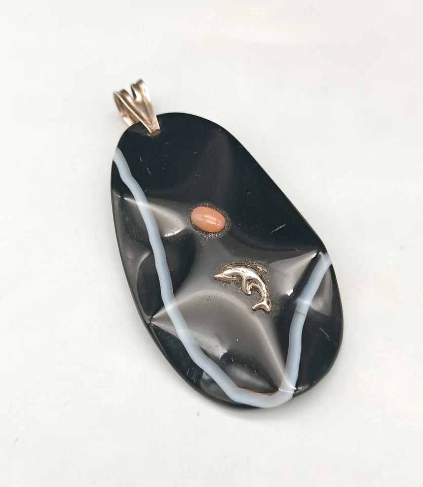 Ciondolo donna argento bianco onice nero naturale corallo rosa pendente pietra - Immagine 1 di 4