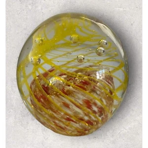 Handblown Glass Paperweight Round Yellow,Red and White Swirls Bubbles Throughout - Picture 1 of 3