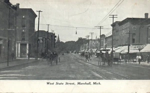 Antike Postkarte 1913 Marshall, Michigan WEST STATE STREET Pferdekutschen - Bild 1 von 2