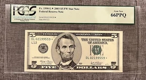 2003 $5 *STAR* FIVE DOLLAR BILL 66PPQ PCGS GEM NEW UNCIRCULATED FEDERAL RESERVE - Picture 1 of 2