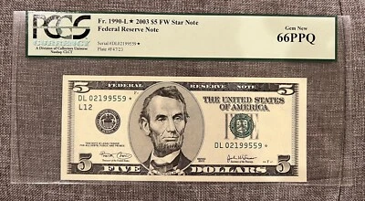 2003 $5 *STAR* FIVE DOLLAR BILL 66PPQ PCGS GEM NEW UNCIRCULATED FEDERAL RESERVE - Image 1 of 2