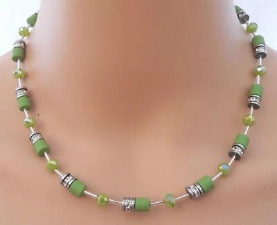 Halskette Walzen matt Grün, Oliv, Kristall Glas Rondelle facettiert  Strass 602d - Bild 1 von 4