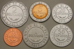 BOLIVIA 10 Centavos, 20, 50, 1 , 2 & 5 Bolivianos 2012 - 6 Coins - UNC * - Picture 1 of 2