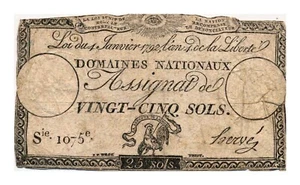 FRANCE banknote 25 Sols 1792 Fine - Picture 1 of 7