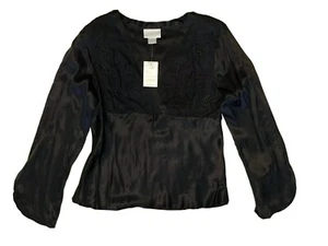 Worthington Womens Silk Blouse Large Black NWT Embroidery Trumpet Sleeves Tie - Picture 1 of 7