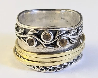 Anillo O PAZ Israel Plata Esterlina Giratorio Dos Tonos Citrino 1/2" Ancho Talla 7.5 Foto 1 de 4