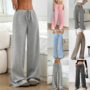 Women Striped Wide Leg Pants Palazzo Trousers Ladies Casual Drawstring Trousers - Picture 1 of 26
