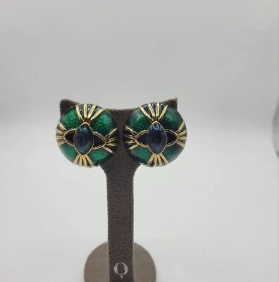 Pendientes vintage Joan Rivers esmalte verde esmeralda y azul abovedado clip Foto 1 de 4