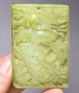 7CM Rare Old Natural Hetian Green Jade Crane Bird Ruyi Yubi Token Amulet Pendant - Picture 1 of 4
