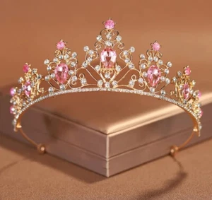 Pink Gold Crown Detailed Tiara Princess Queen headress bridal cosplay diadem Wed - Picture 1 of 3
