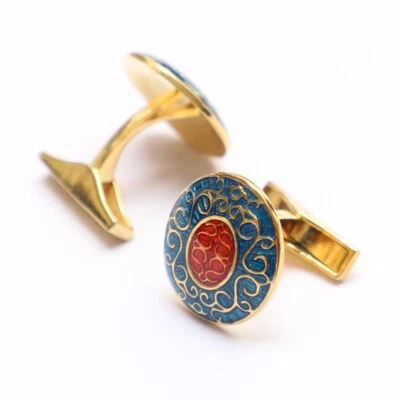 Gemelos de boda enchapados en oro con forma ovalada de esmalte rojo azul de plata de ley 925 Foto 1 de 4