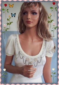 S Forever 21 Cream Embellished Pearl Chain BLING Sweater Knit Pullover Shirt Top - Picture 1 of 7