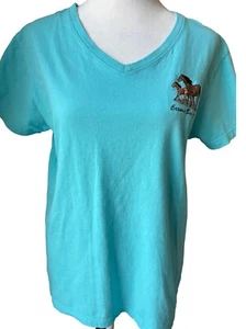 Blue Women’s V Neck T-Shirt Embroidered Horse Design Outer Banks/Carova L - Picture 1 of 2