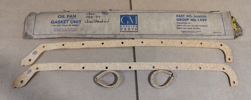 NOS OEM 1933-34 Chevy Standard 181 CID 6 cylinder CORK Oil Pan Gasket Set 364956 - Image 1 of 1