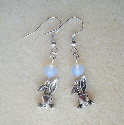 Cute Hare and Opalite Moon Short Drop Dangly Earrings - Celtic Pagan Easter - image 1 of 3