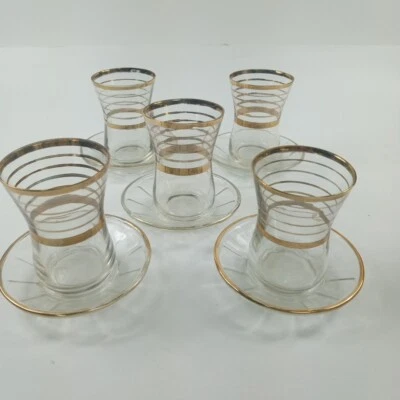 Juego de 5 vasos y platillos de té turcos Pasabahce banda dorada vintage Foto 1 de 4