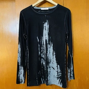 Kokun Bamboo Cashmere Fitted Crew Neck Knit Top Black Gray Grunge Print Size L - Picture 1 of 8