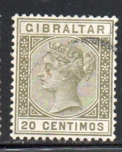 Gibilterra Sc 31 1895 20 centesimi verde oliva francobollo Victoria usato - Foto 1 di 1
