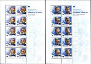 2002 Australia Winter Olympic Gold Medallists Set Of 2 Sheetlets Of 10 MNH - Imagen 1 de 1