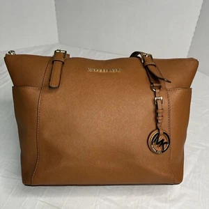 Michael Kors Leather Tote Shoulder Bag Jet Set Large Travel Tan Brown Acorn - Picture 1 of 13