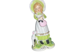 Girl with Lamb Porcelain Figurine Green Dress Bonnet purse- Korea- Vintage - Picture 1 of 9