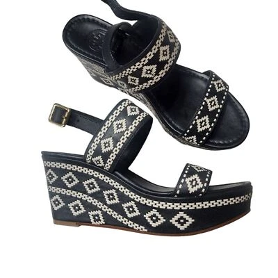 TORY BURCH Cuñas Geométricas Bordadas Cuero Azul Crema Foto 1 de 4