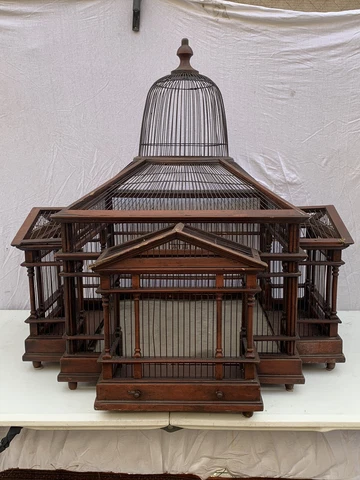 Antique French Victorian Wood & Metal Wire Dome Bird Cage House Cover