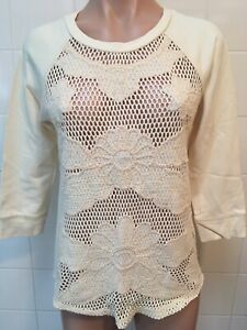 Lucky Lotus Extra Small Sweatshirt Top Fishnet Lace Cutouts Cream Floral Aplique