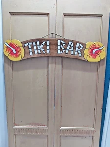 SOLID WOOD " TIKI BAR " SIGN WITH HIBISCUS FLOWERS - Picture 1 of 10