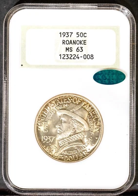 CAC 1937 Roanoke Half-dollar MS 63 NGC # 123224-008 + Bonus - Image 1 of 2