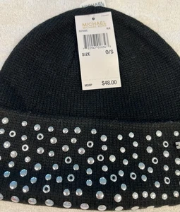 $68 Michael Kors SILVER Studded Black Knit Beanie Women's One Size Fits Most * - Picture 1 of 6