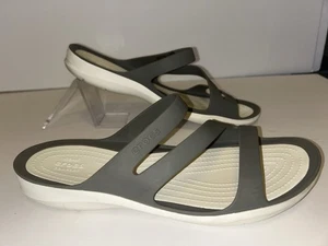 Women’s Crocs Gray & White 3 Strap Slide Sandals Sz 11 - Picture 1 of 12