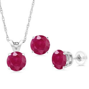 14K White Gold Ruby Pendant Earrings Jewelry Set For Women | 1.65 Cttw | - Picture 1 of 3