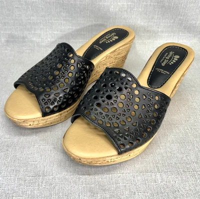 Spring Step Wedge Sandal Slide Leather Sz 39 US 8.5 Black Perforated Laser Cut - Image 1 of 4