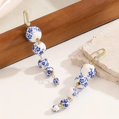 Nuevos Pendientes Colgantes Vintage Mujer Simple Azul y Blanco Porcelana Versátil  Foto 1 de 3