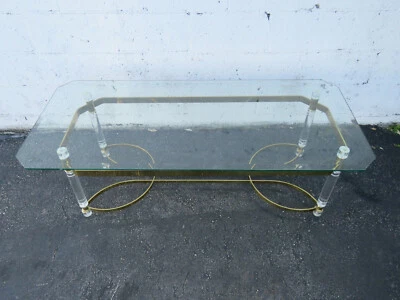 Hollywood Regency Lucite and Brass Finish with Glass Top Coffee Table 9664 - Image 1 of 4