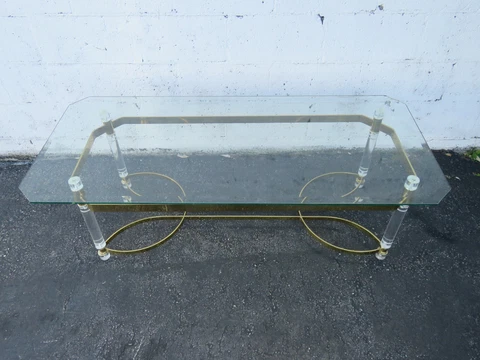Hollywood Regency Lucite and Brass Finish with Glass Top Coffee Table 9664 Cover