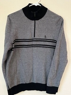 Suéter The Original Penguin preto cinza listrado 1/4 zíper pulôver preppy tamanho M - Imagem 1 de 4