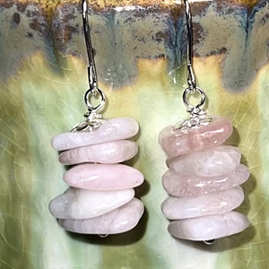 Silver Tone Shades of Rose Quartz Chips Stacked Dangle Earrings. Pink. S719 - Picture 1 of 3