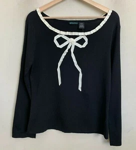 Yarns & Stitches Top Black Pullover Beige Satin Ribbon Trim Round Neck Sz L NEW - Picture 1 of 6
