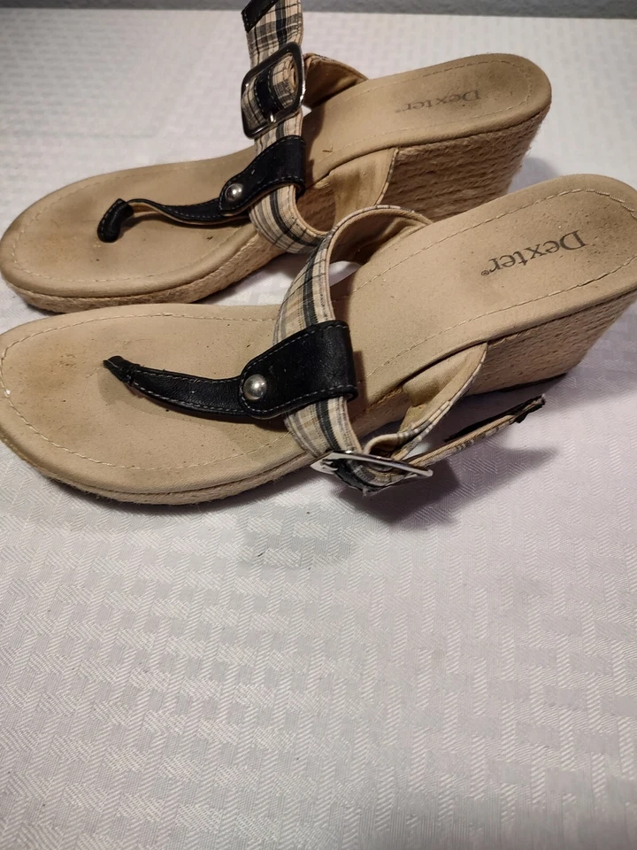DEXTER Black White Plaid Jute Platform Wedge Thong Shoe Sandals 8.5 M Womens - Image 1 of 4