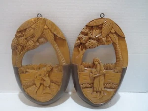 VTG CHINESE WOODEN HAND CARVES WALL PLAQUES PALM TREE, WOMAN, & MAN SET OF 2 - Picture 1 of 4