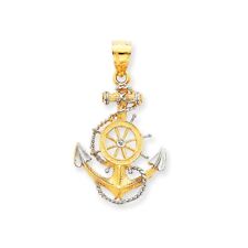14K YELLOW & WHITE GOLD POLISHED SOLID TEXTURED ANCHOR WITH ROPE CHARM PENDANT