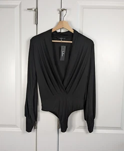 Lulus Bodysuit Women M Black Pleated Deep V Neck Slit Sleeve Snap Closure Thong - Picture 1 of 8