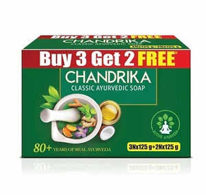 Chandrika Ayurvedic Handmade Soap, 125 grams (Pack of 3) with 2 Free 125 grams - Picture 1 of 6