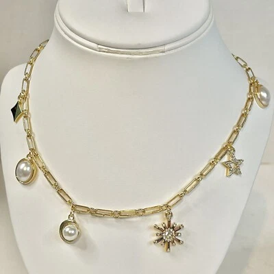 "Collar Tono Dorado Galaxia Estrellas Ráfagas Perlas Luna Cadena Eslabones 19"" Nuevo Carta" Foto 1 de 4