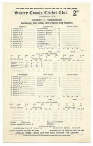 County Championship Scorecard 27 July 1946 (The Oval) SURREY v. YORKSHIRE - Picture 1 of 1