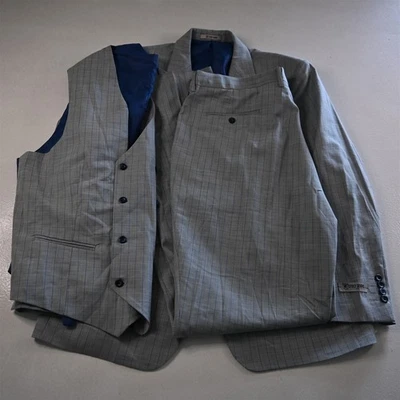 NEW Stacy Adams 46R 42x38 Gray Blue Stripe Hybrid 3 Piece Vest Mens Suit - Image 1 of 4