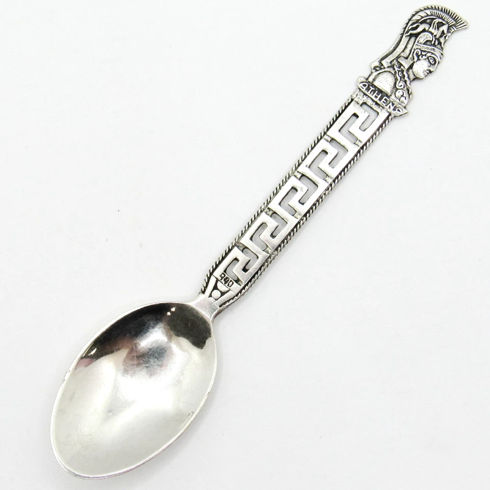 Cuchara de recuerdo soldados de Atenas plata de ley .800 4" 1/2 bordes con cuentas de filigrana Foto 1 de 4