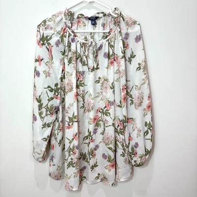 Chaps Ivory Pink Sheer Floral Blouse Top Women XXL Lightweight Cottage Peasant - Image 1 of 4